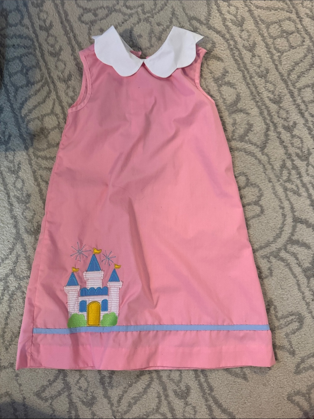 Girls Pink Sleeveless Dress with Peter Pan Collar and Castle Applique